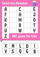 Finish the alphabet. ABC game for kids. Cut and glue. Education developing worksheet. Learning game for kids. Color activity page. vector