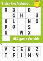 Finish the alphabet. ABC game for kids. Cut and glue. Education developing worksheet. Learning game for kids. Color activity page. vector