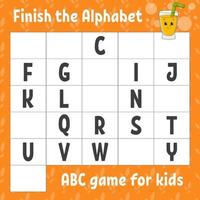 Finish the alphabet. ABC game for kids. Education developing worksheet. Learning game for kids. Color activity page. vector