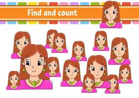 Find and count. Education developing worksheet. Activity page. Puzzle game for children. Logical thinking training. Isolated vector illustration. cartoon character.