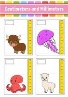 Measuring length in centimeter and millimeter. Education developing worksheet. Game for kids. Color activity page. Puzzle for children. Cute character. Vector illustration. cartoon style.