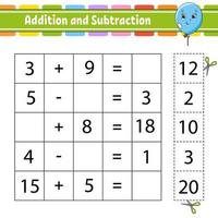 Addition and subtraction. Task for kids. Cut and paste. Education developing worksheet. Activity page. Game for children. Funny character. Isolated vector illustration. cartoon style.