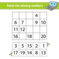 Paste the missing numbers 1-20. Game for children. Handwriting practice. Learning numbers for kids. Education developing worksheet. Activity page. Isolated vector illustration in cute cartoon style.