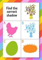 Find the correct shadow. Easter theme. Education developing worksheet for kids. Puzzle game. Activity page. cartoon character. Vector illustration.