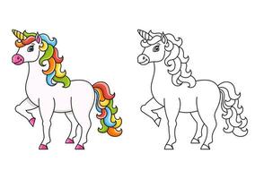 Cute unicorn. Magic fairy horse. Coloring book page for kids. Cartoon style. Vector illustration isolated on white background.