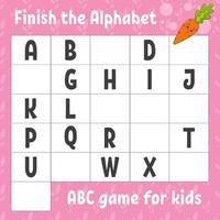 Finish the alphabet. ABC game for kids. Education developing worksheet. Learning game for kids. Color activity page. vector