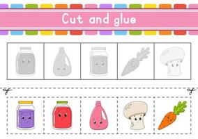 Cut and play. Paper game with glue. Flash cards. Education worksheet. Activity page. Scissors practice. Isolated vector illustration. cartoon style.