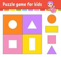 Puzzle game for kids. Cut and paste. Cutting practice. Learning shapes. Education worksheet. Circle, square, rectangle, triangle. Activity page. Cartoon character. vector