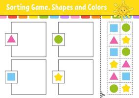 Sorting game. Shapes and colors. Cut and glue. Education developing worksheet. Game for kids. Color activity page. Puzzle for children. Cute character. Vector illustration. cartoon style.
