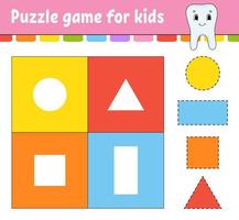 Puzzle game for kids. Cut and paste. Cutting practice. Learning shapes. Education worksheet. Circle, square, rectangle, triangle. Activity page. Cartoon character. vector