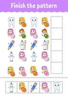 Finish the pattern. Cut and play. Education developing worksheet. Activity page. cartoon character. Vector illustration.