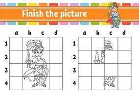 Finish the picture. Coloring book pages for kids. Education developing worksheet. Fairytale theme. Game for children. Handwriting practice. cartoon character. Vector illustration.