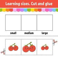 Learning sizes. Cut and glue. Easy level. Color activity worksheet. Game for children. Cartoon character. Vector illustration.