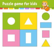 Puzzle game for kids. Cut and paste. Cutting practice. Learning shapes. Education worksheet. Circle, square, rectangle, triangle. Activity page. Cartoon character. vector