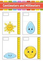 Measuring length in centimeter and millimeter. Education developing worksheet. Game for kids. Color activity page. Puzzle for children. Cute character. Vector illustration. cartoon style.