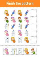 Finish the pattern. Cut and play. Education developing worksheet. Activity page. cartoon character. Vector illustration.