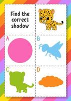 Find the correct shadow. Education developing worksheet for kids. Puzzle game. Activity page. cartoon character. Vector illustration.