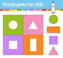 Puzzle game for kids. Cut and paste. Cutting practice. Learning shapes. Education worksheet. Circle, square, rectangle, triangle. Activity page. Cartoon character. vector