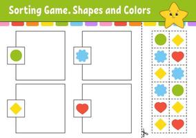 Sorting game. Shapes and colors. Cut and glue. Education developing worksheet. Game for kids. Color activity page. Puzzle for children. Cute character. Vector illustration. cartoon style.