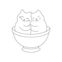 Enamored cats hugging in a cup. Coloring book page for kids. Valentine's Day. Cartoon style character. Vector illustration isolated on white background.