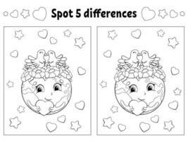 Find five differences. Coloring page for kids. Activity worksheet for children. Vector illustration isolated on white background.