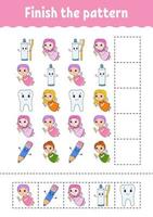 Finish the pattern. Cut and play. Education developing worksheet. Activity page. cartoon character. Vector illustration.