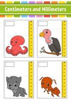 Measuring length in centimeter and millimeter. Education developing worksheet. Game for kids. Color activity page. Puzzle for children. Cute character. Vector illustration. cartoon style.