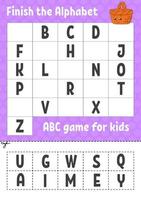 Finish the alphabet. ABC game for kids. Cut and glue. Education developing worksheet. Learning game for kids. Color activity page. vector