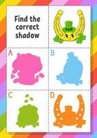 Find the correct shadow. Education developing worksheet for kids. Puzzle game. Activity page. cartoon character. Vector illustration. St. Patrick's day.