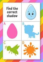 Find the correct shadow. Education developing worksheet for kids. Puzzle game. Activity page. cartoon character. Vector illustration.