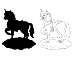 Unicorn with saddle and harness. Black silhouette. Design element. Vector illustration isolated on white background. Template for books, stickers, posters, cards, clothes.