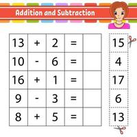 Addition and subtraction. Task for kids. Cut and paste. Education developing worksheet. Activity page. Game for children. Funny character. Isolated vector illustration. cartoon style.