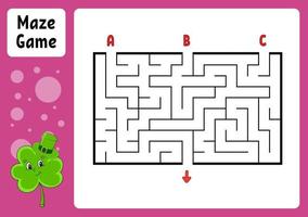 Rectangle maze. Game for kids. Three entrances, one exit. Education worksheet. Puzzle for children. Labyrinth conundrum. Color vector illustration. Find the right path. cartoon character.