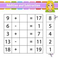 Addition and subtraction. Task for kids. Cut and paste. Education developing worksheet. Activity page. Game for children. Funny character. Isolated vector illustration. cartoon style.