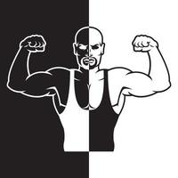 Bodybuilder strong man. Outline silhouette. Design element. Vector illustration isolated on white background. Template for books, stickers, posters, cards, clothes.