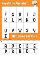 Finish the alphabet. ABC game for kids. Cut and glue. Education developing worksheet. Learning game for kids. Color activity page. vector