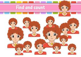 Find and count. Education developing worksheet. Activity page. Puzzle game for children. Logical thinking training. Isolated vector illustration. cartoon character.