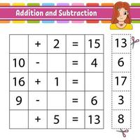 Addition and subtraction. Task for kids. Cut and paste. Education developing worksheet. Activity page. Game for children. Funny character. Isolated vector illustration. cartoon style.