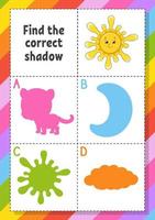 Find the correct shadow. Education developing worksheet for kids. Puzzle game. Activity page. cartoon character. Vector illustration.