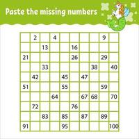 Paste the missing numbers from 1 to 100. Handwriting practice. Learning numbers for kids. Education developing worksheet. Activity page. Isolated vector illustration in cute cartoon style.