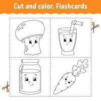 Cut and color. Flashcard Set. Coloring book for kids. Cute cartoon character. Black contour silhouette. Isolated on white background. vector