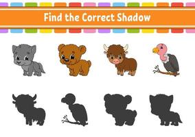 Find the correct shadow. Education developing worksheet. Matching game for kids. Color activity page. Puzzle for children. Cute character. Vector illustration. Cartoon style.