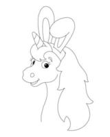 Magic unicorn head with bunny ears. Fairy horse. Coloring page for kids. Digital stamp. Cartoon style character. Vector illustration isolated on white background.