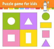 Puzzle game for kids. Cut and paste. Cutting practice. Learning shapes. Education worksheet. Circle, square, rectangle, triangle. Activity page. Cartoon character. vector