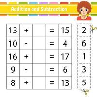 Addition and subtraction. Task for kids. Cut and paste. Education developing worksheet. Activity page. Game for children. Funny character. Isolated vector illustration. cartoon style.