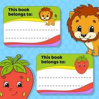 School labels for books and notebooks. Bright stickers. Rectangular label. Cute characters. Color vector isolated illustration.