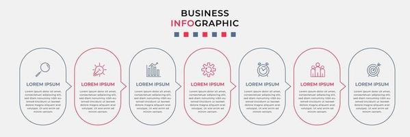 vector de plantilla de diseño infográfico empresarial con iconos y 7 opciones o pasos. se puede utilizar para diagramas de proceso, presentaciones, diseño de flujo de trabajo, pancarta, diagrama de flujo, gráfico de información