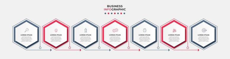 vector de plantilla de diseño infográfico empresarial con iconos y 7 opciones o pasos. se puede utilizar para diagramas de proceso, presentaciones, diseño de flujo de trabajo, pancarta, diagrama de flujo, gráfico de información