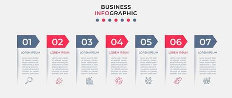 vector de plantilla de diseño infográfico empresarial con iconos y 7 opciones o pasos. se puede utilizar para diagramas de proceso, presentaciones, diseño de flujo de trabajo, pancarta, diagrama de flujo, gráfico de información