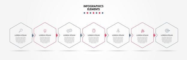 Business Infographic design template Vector with icons and 7 options or steps. Can be used for process diagram, presentations, workflow layout, banner, flow chart, info graph